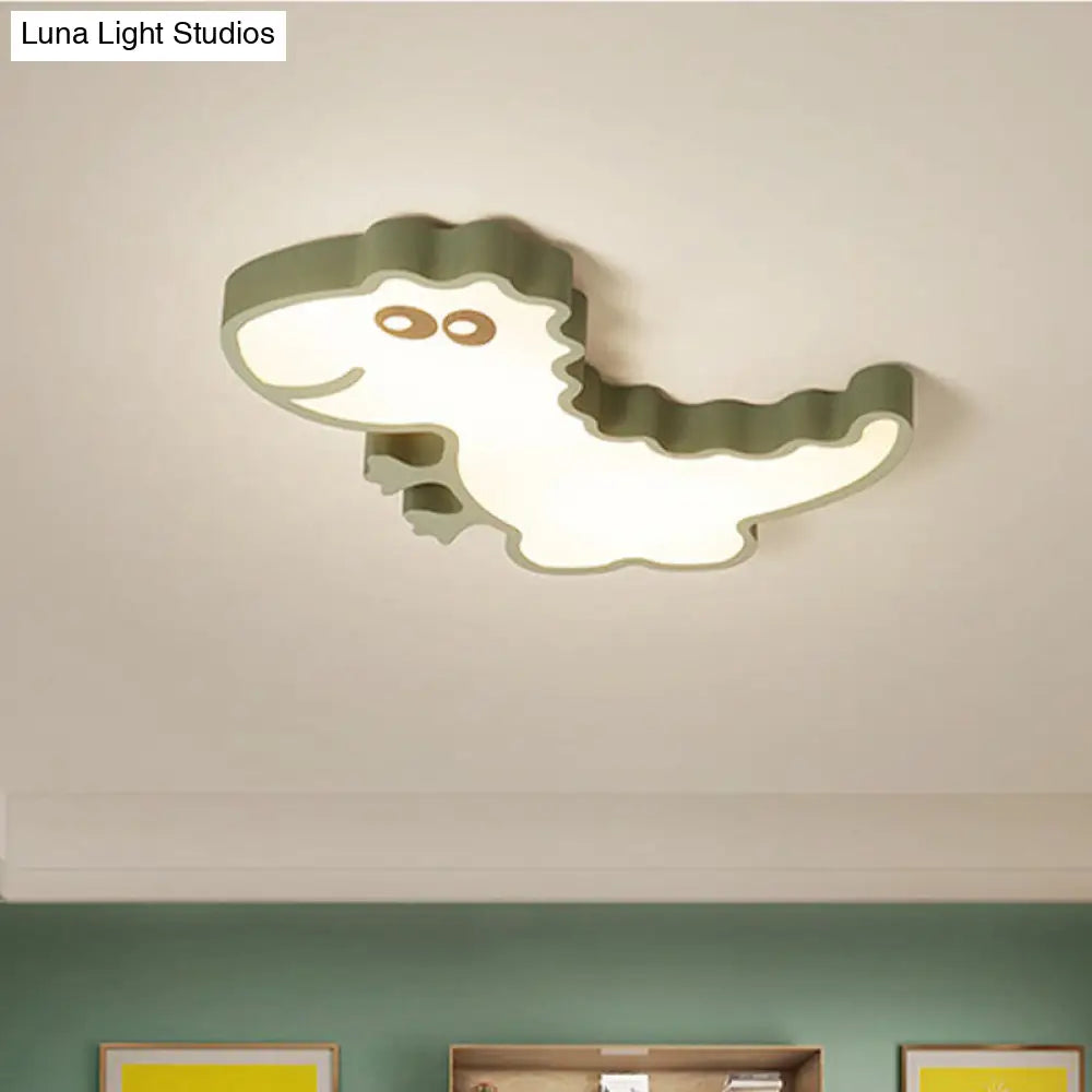 Dinosaur Flush Mount Light For Kids - Iron White/Pink/Green Led Ceiling Fixture Childrens Bedroom