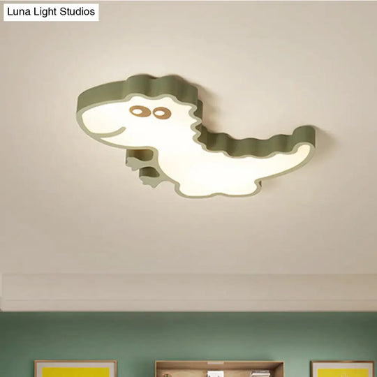 Dinosaur Flush Mount Light For Kids - Iron White/Pink/Green Led Ceiling Fixture Childrens Bedroom