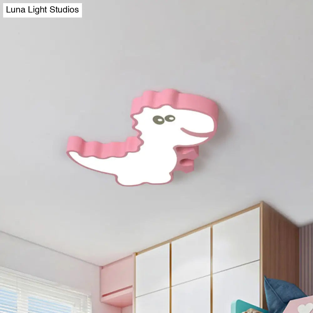 Dinosaur Flush Mount Light For Kids - Iron White/Pink/Green Led Ceiling Fixture Children’s Bedroom