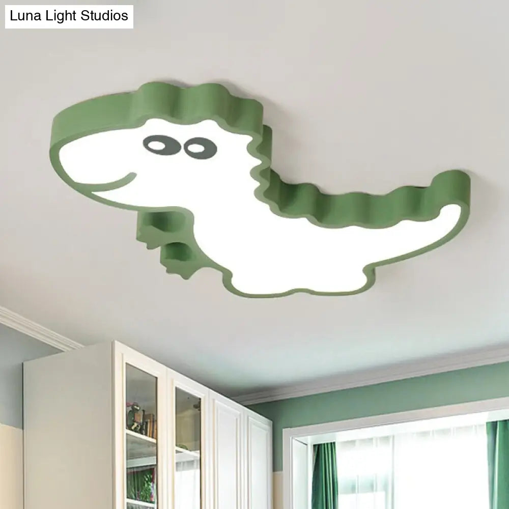 Dinosaur Flush Mount Light For Kids - Iron White/Pink/Green Led Ceiling Fixture Childrens Bedroom