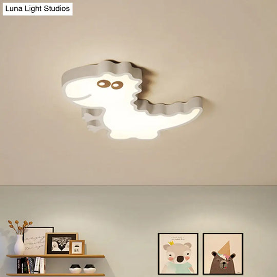 Dinosaur Flush Mount Light For Kids - Iron White/Pink/Green Led Ceiling Fixture Children’s Bedroom