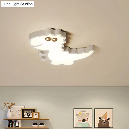 Dinosaur Flush Mount Light For Kids - Iron White/Pink/Green Led Ceiling Fixture Childrens Bedroom