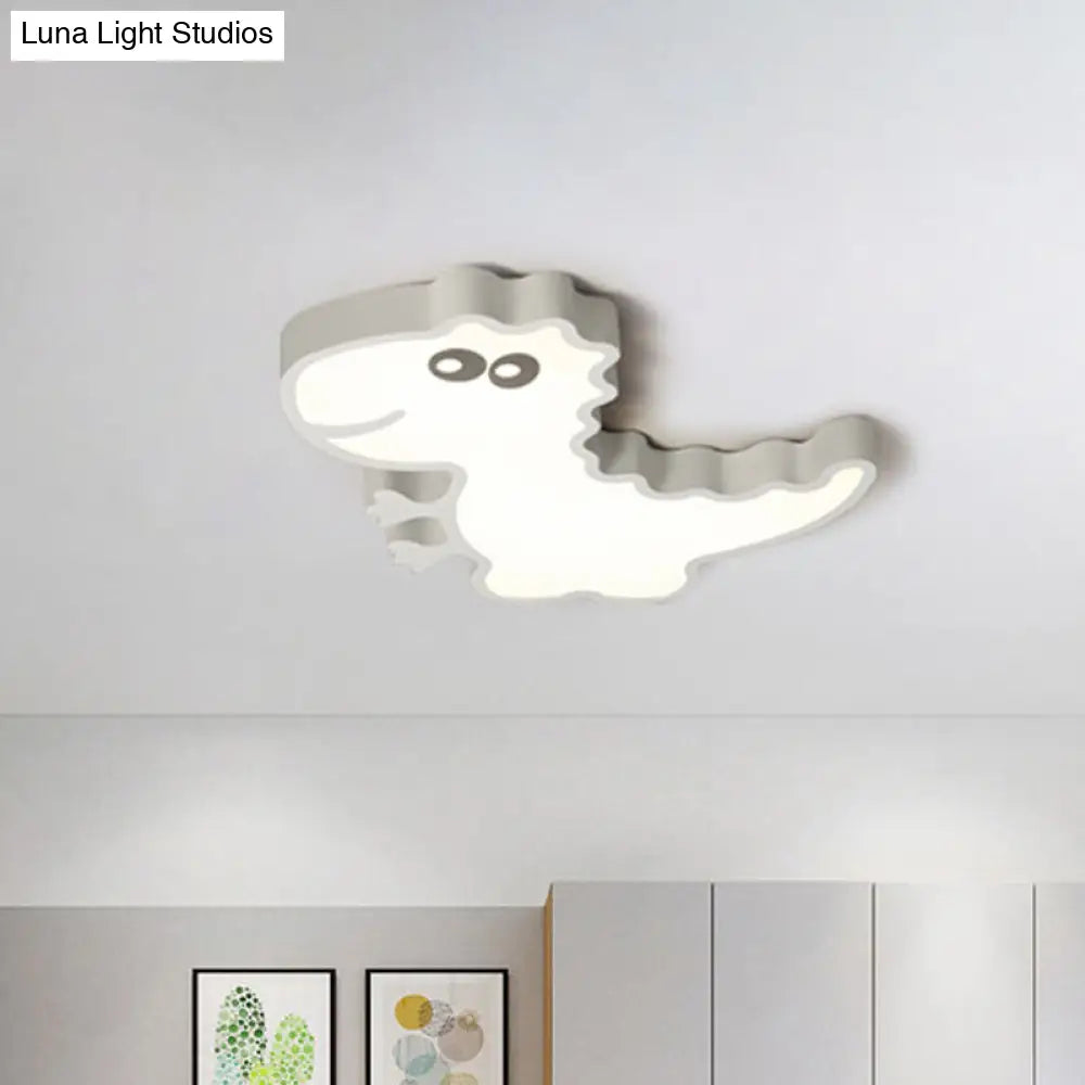 Dinosaur Flush Mount Light For Kids - Iron White/Pink/Green Led Ceiling Fixture Childrens Bedroom