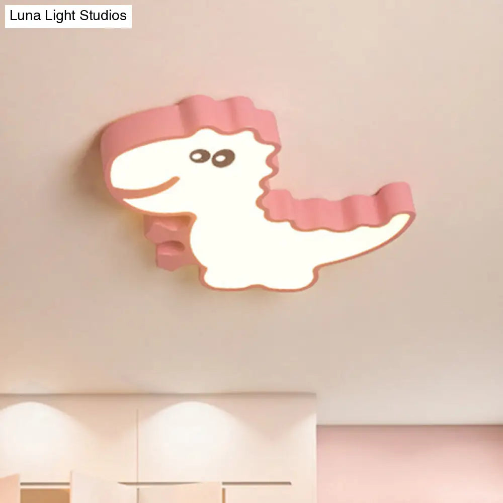 Dinosaur Flush Mount Light For Kids - Iron White/Pink/Green Led Ceiling Fixture Childrens Bedroom