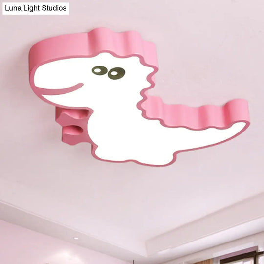 Dinosaur Flush Mount Light For Kids - Iron White/Pink/Green Led Ceiling Fixture Childrens Bedroom