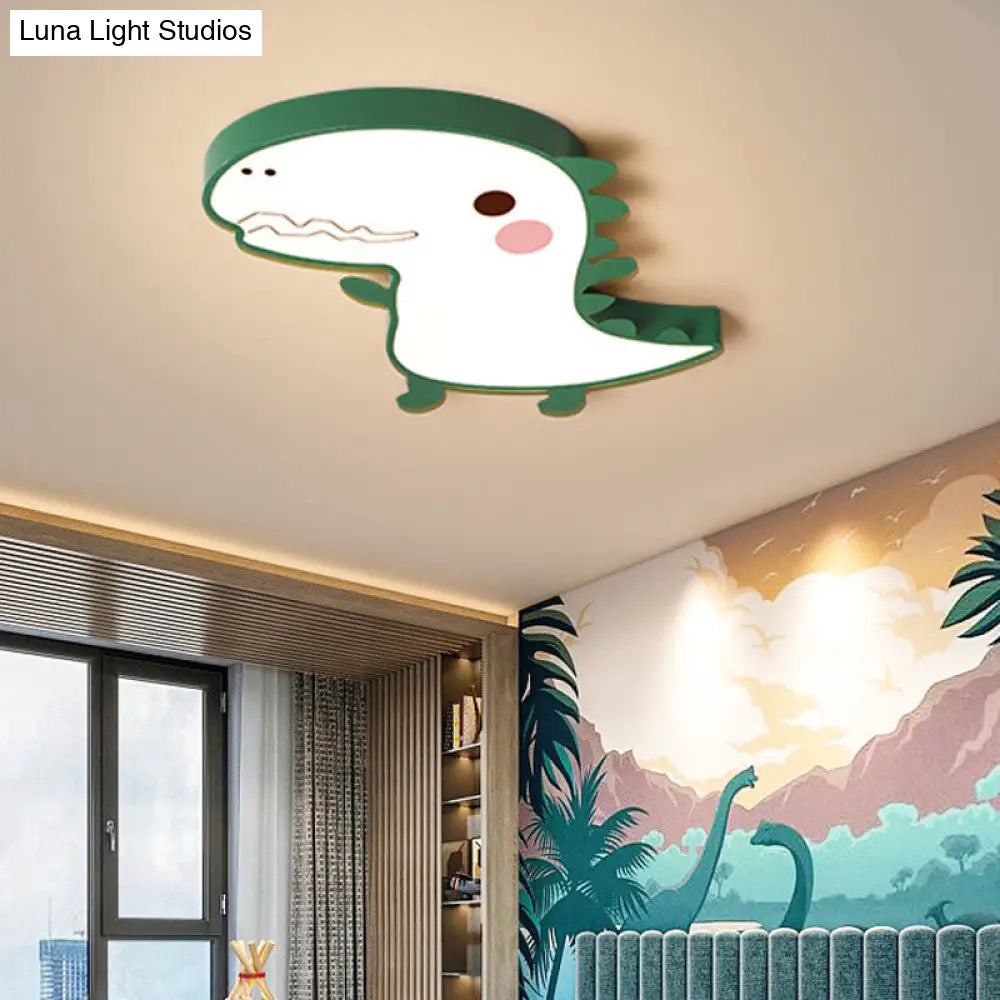 Dinosaur Flushmount Lamp: Pink/Green Cartoon Led Ceiling Light With Acrylic Diffuser (Warm/White)