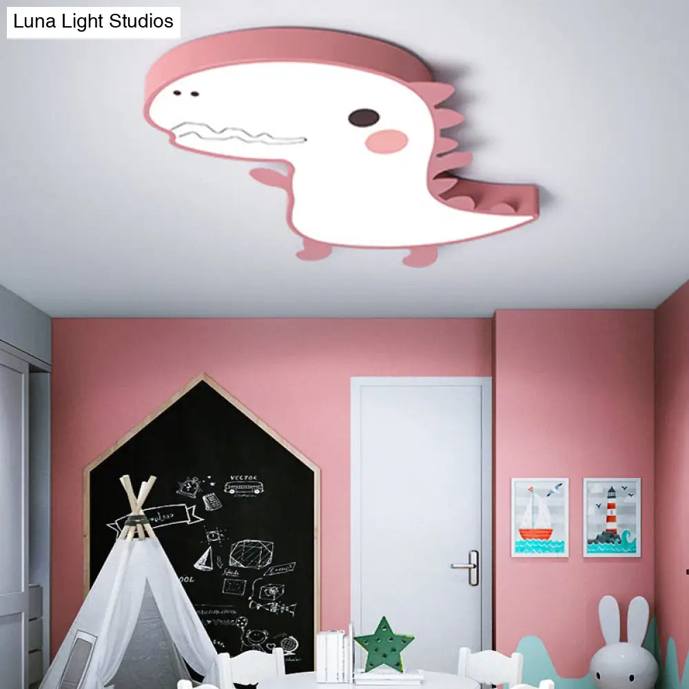 Dinosaur Flushmount Lamp: Pink/Green Cartoon Led Ceiling Light With Acrylic Diffuser (Warm/White)