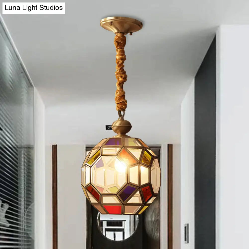 Disco Ball Pendant Ceiling Lamp With Multi-Colored Glass Shade - Faceted Bulb & Colonial Brass