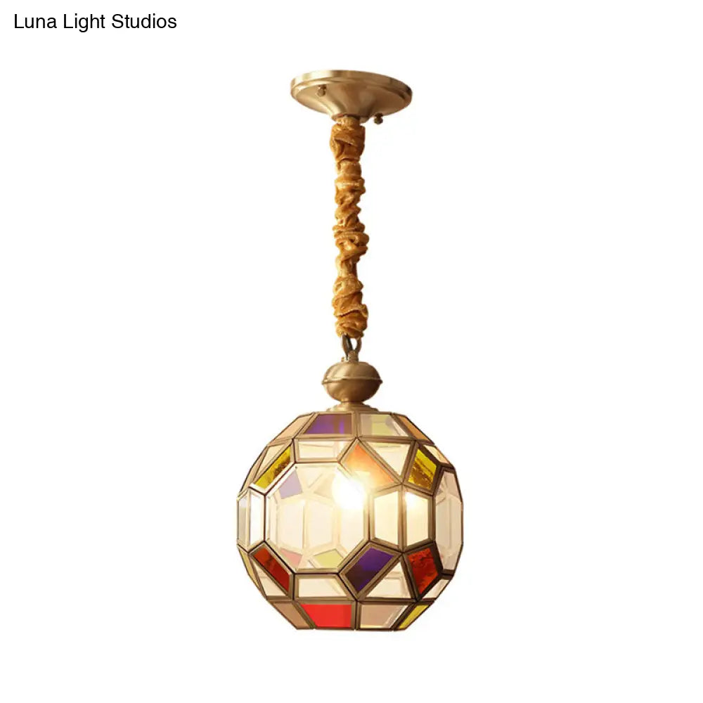 Disco Ball Pendant Ceiling Lamp With Multi-Colored Glass Shade - Faceted Bulb & Colonial Brass