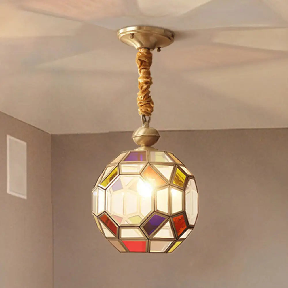 Disco Ball Pendant Ceiling Lamp With Multi-Colored Glass Shade - Faceted Bulb & Colonial Brass