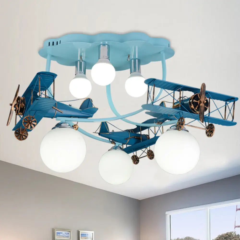 Distressed Blue Wood Plane Ceiling Light With Milk Glass Shade - 6 Bulb Flushmount