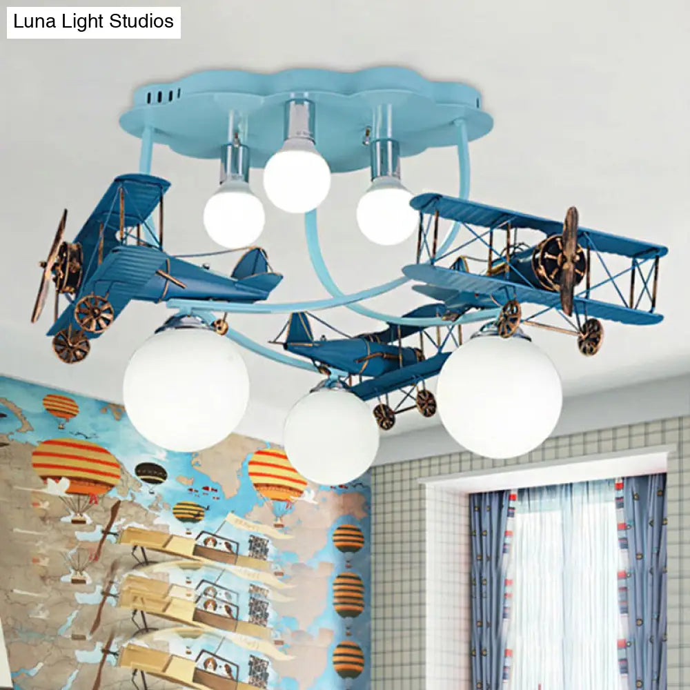 Distressed Blue Wood Plane Ceiling Light With Milk Glass Shade - 6 Bulb Flushmount