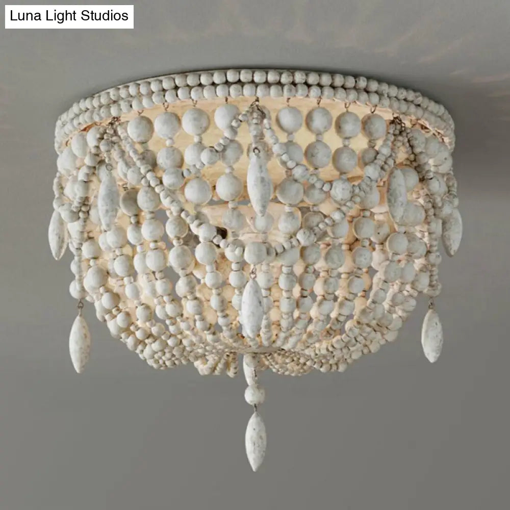 Distressed White Retro Beaded Flush Mount Light With 6 Heads- Wood Close To Ceiling Lamp