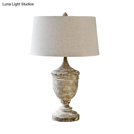 Distressed White Retro Style Desk Lamp With Fabric Shade And Urn Base