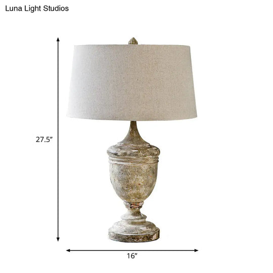 Distressed White Retro Style Desk Lamp With Fabric Shade And Urn Base