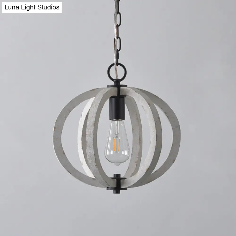 Distressed White Wood Caged Pendant Light Kit For Dining Room