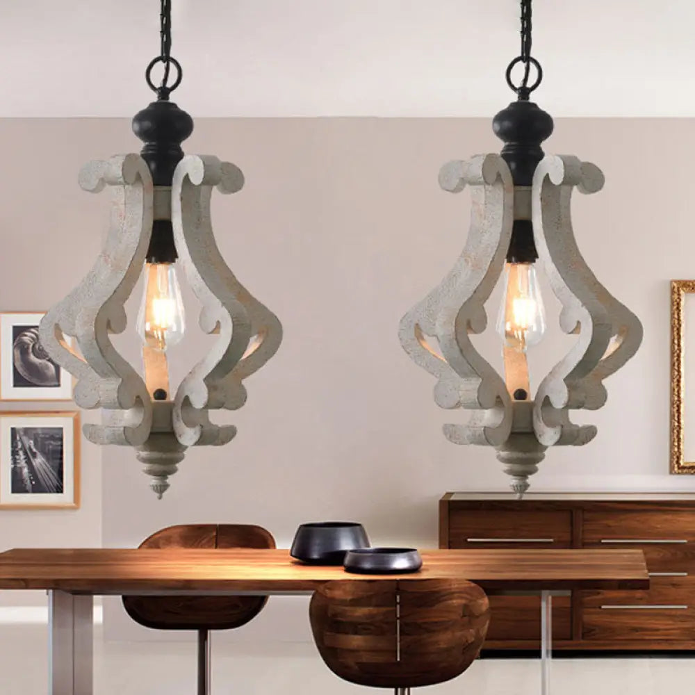 Distressed White Wood Pendant Light With Scrolled Frame And Traditional Style