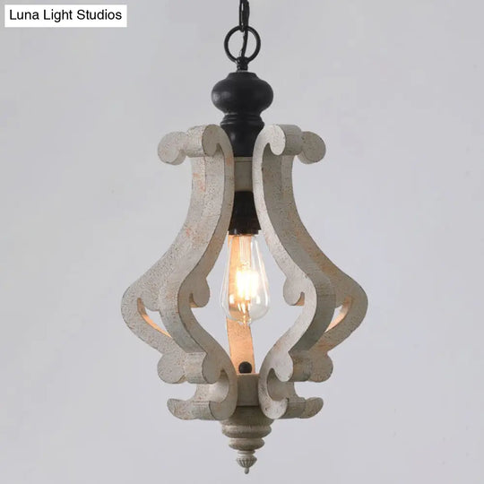 Distressed White Wood Pendant Light With Scrolled Frame And Traditional Style