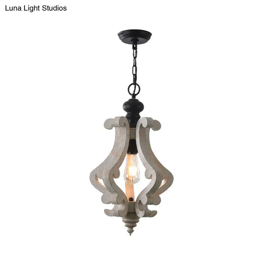 Distressed White Wood Pendant Light With Scrolled Frame And Traditional Style