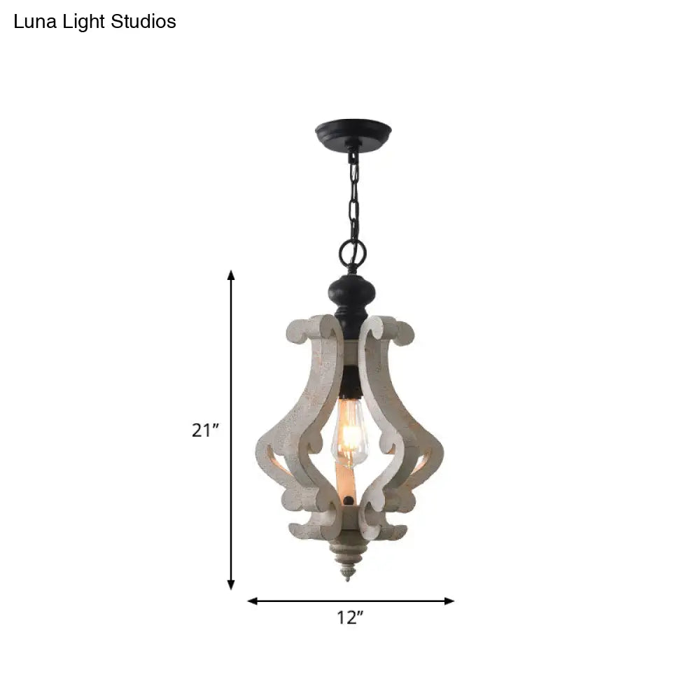 Distressed White Wood Pendant Light With Scrolled Frame And Traditional Style