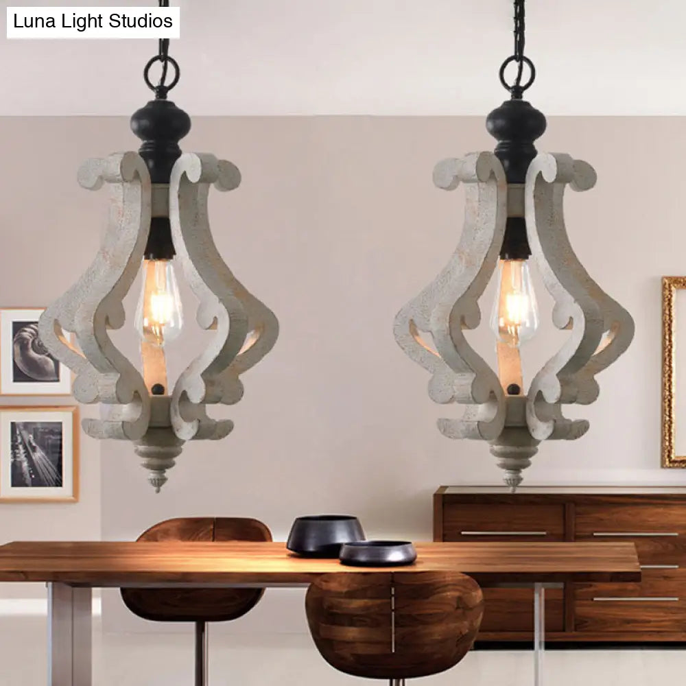 Distressed White Wood Pendant Light With Scrolled Frame And Traditional Style