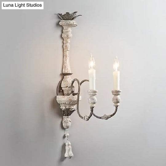 Distressed White Wood Wall Mount Light With Curved Arm - 2 Bulbs Traditional Style For Living Room