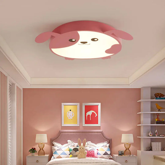 Doggie-Themed Led Flush Mount Ceiling Light For Kids’ Bedrooms In Pink/Green With Warm/White Pink