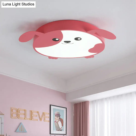 Doggie-Themed Led Flush Mount Ceiling Light For Kids Bedrooms In Pink/Green With Warm/White