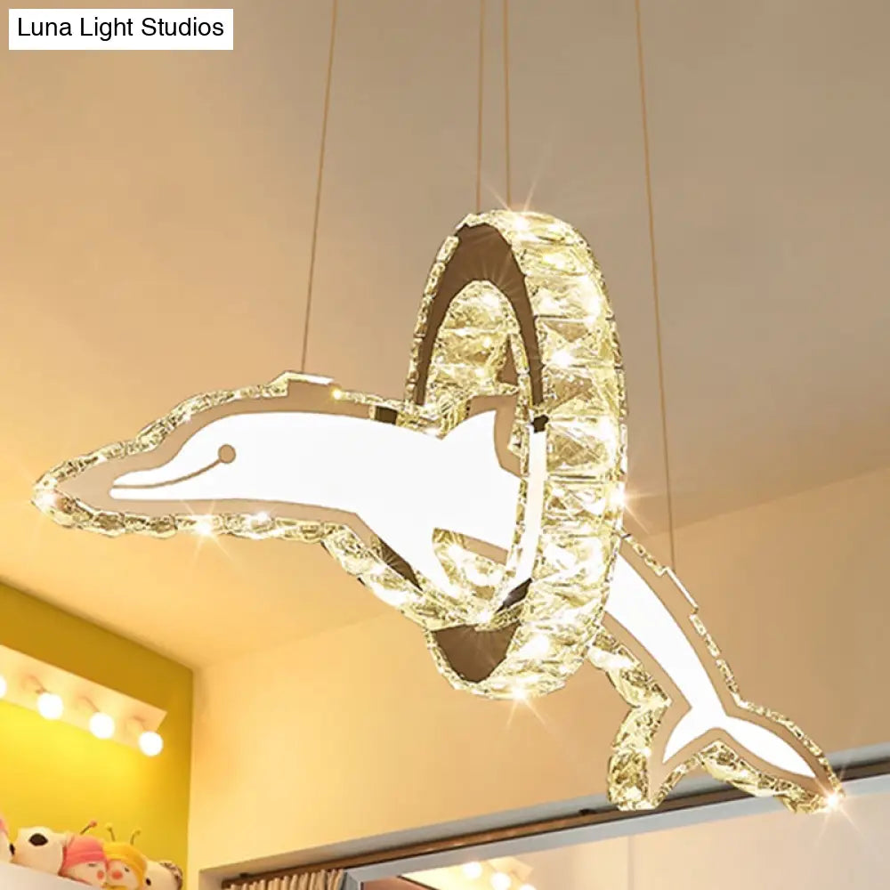 Dolphin And Ring Chandelier Kids Led Pendant Light For Nursery - Crystal Stainless Steel Fixture