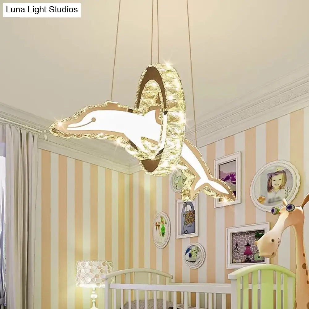 Stainless Steel Led Pendant Light: Crystal Dolphin And Ring Chandelier For Nursery