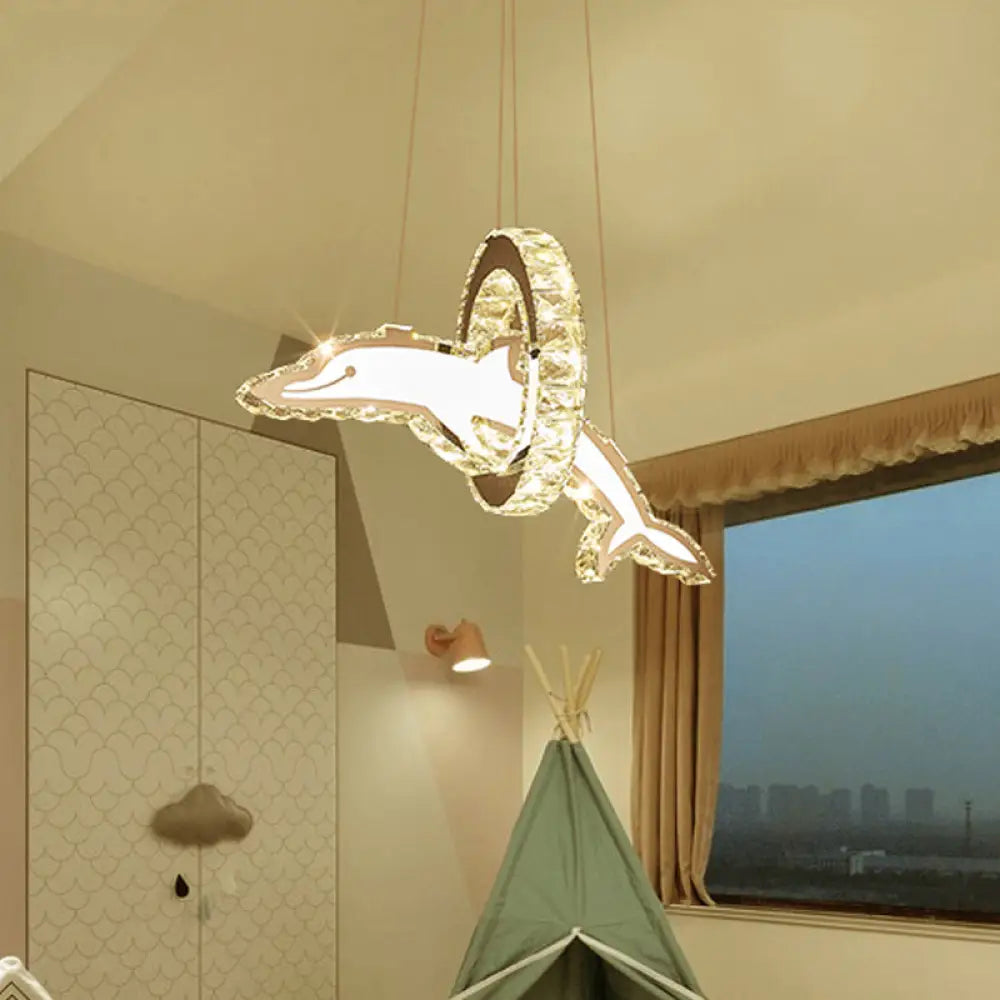 Dolphin And Ring Chandelier Kids Led Pendant Light For Nursery - Crystal Stainless Steel Fixture