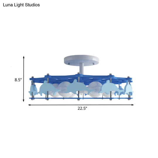 Dolphin Kindergarten Ceiling Light - Cartoon Blue Metal Flush Mount With 6 Bulbs