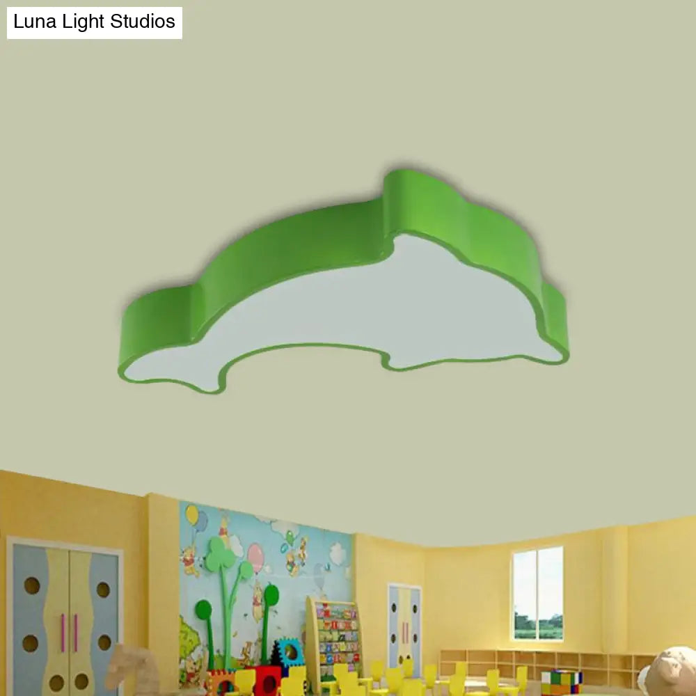 Dolphin Led Ceiling Light For Childrens Bedroom - White/Red/Yellow Acrylic Flush Mount Fixture Green