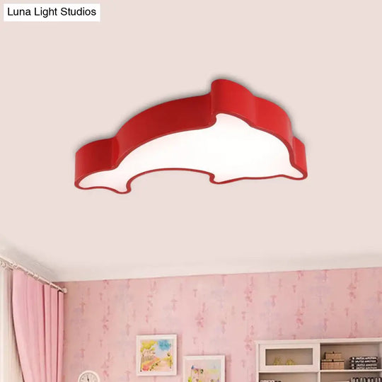 Dolphin Led Ceiling Light For Childrens Bedroom - White/Red/Yellow Acrylic Flush Mount Fixture Red