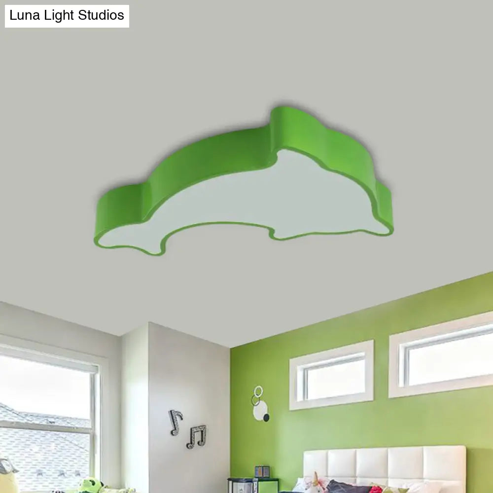 Dolphin Led Ceiling Light For Childrens Bedroom - White/Red/Yellow Acrylic Flush Mount Fixture