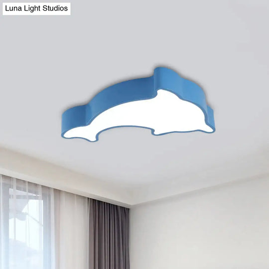 Dolphin Led Ceiling Light For Childrens Bedroom - White/Red/Yellow Acrylic Flush Mount Fixture Blue