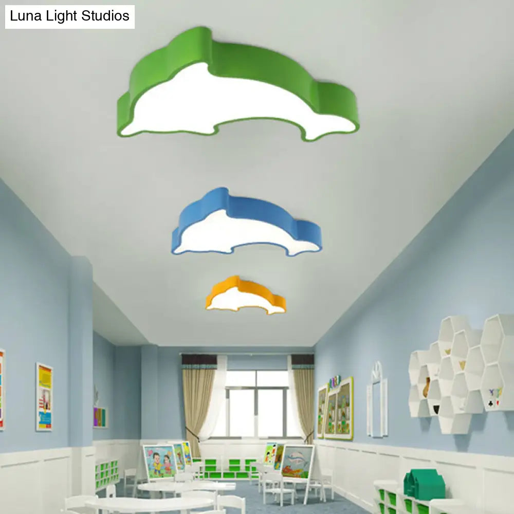 Dolphin Nursery Led Ceiling Lamp Cartoon Flush Mount Light In Red/Yellow/Blue 19.5/23.5 Width