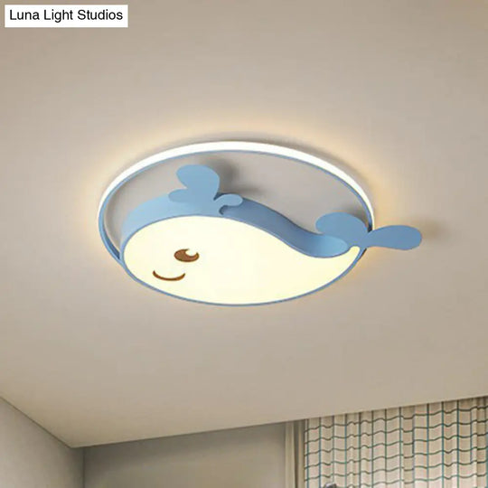 Dolphin-Shaped Led Flush Ceiling Light For Kids Bedroom In Metallic Finish Blue / White