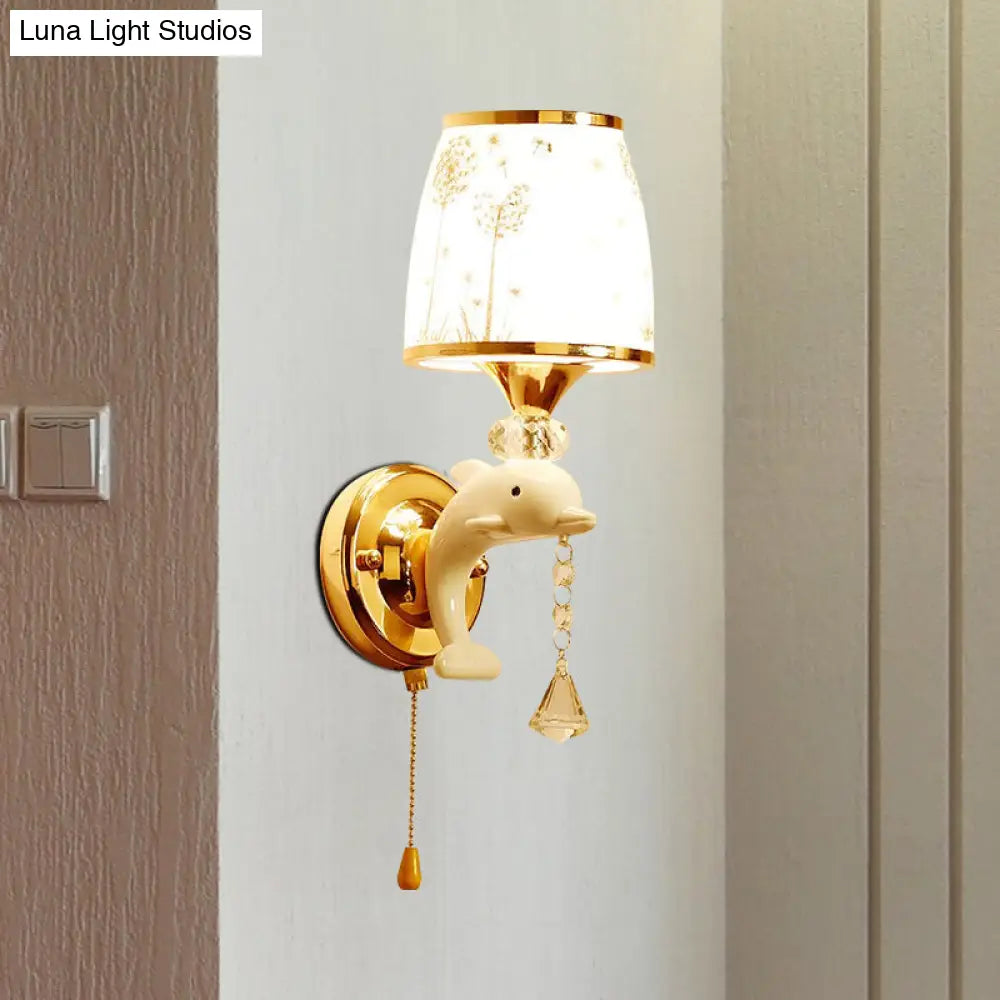 Dolphin Wall Mount Light Metal Sconce In White With Pull Chain - Kids Bedside Fixture 1/2 Lights