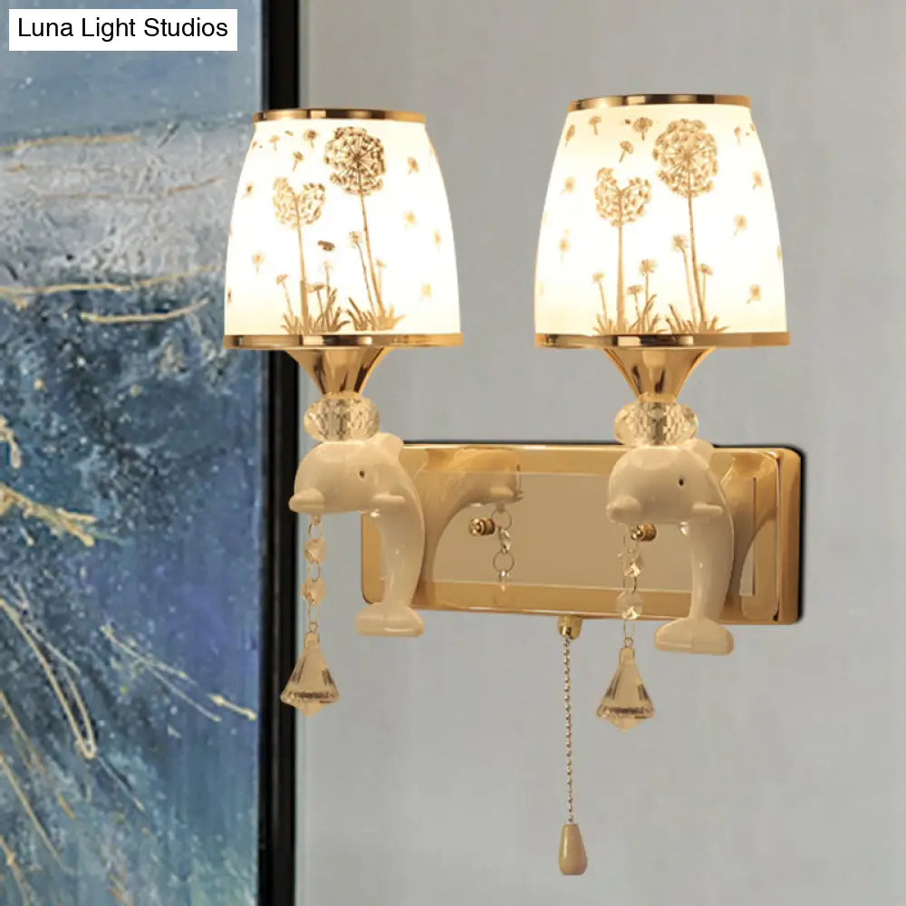 Dolphin Wall Mount Light Metal Sconce In White With Pull Chain - Kids Bedside Fixture 1/2 Lights