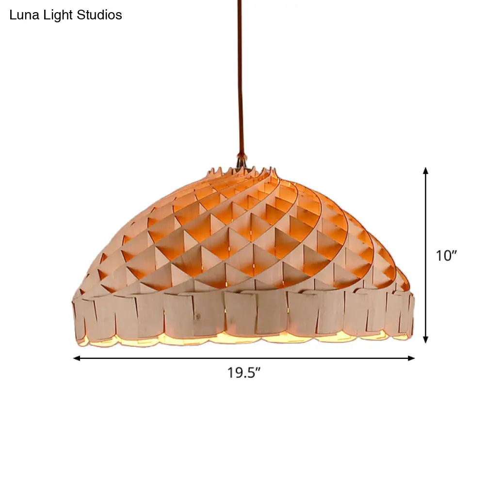 Dome Asian Wood Pendant Lamp With Hand Woven Design And Led Light