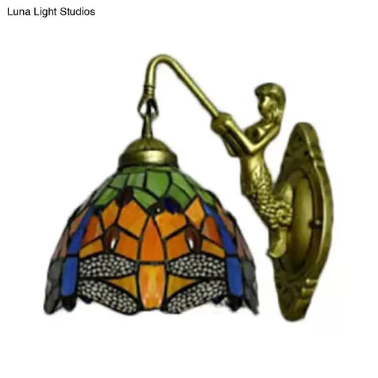 Dome Baroque Stained Glass Wall Light Fixture - Bronze Sconce With Elegant Flower/Dragonfly/Morning