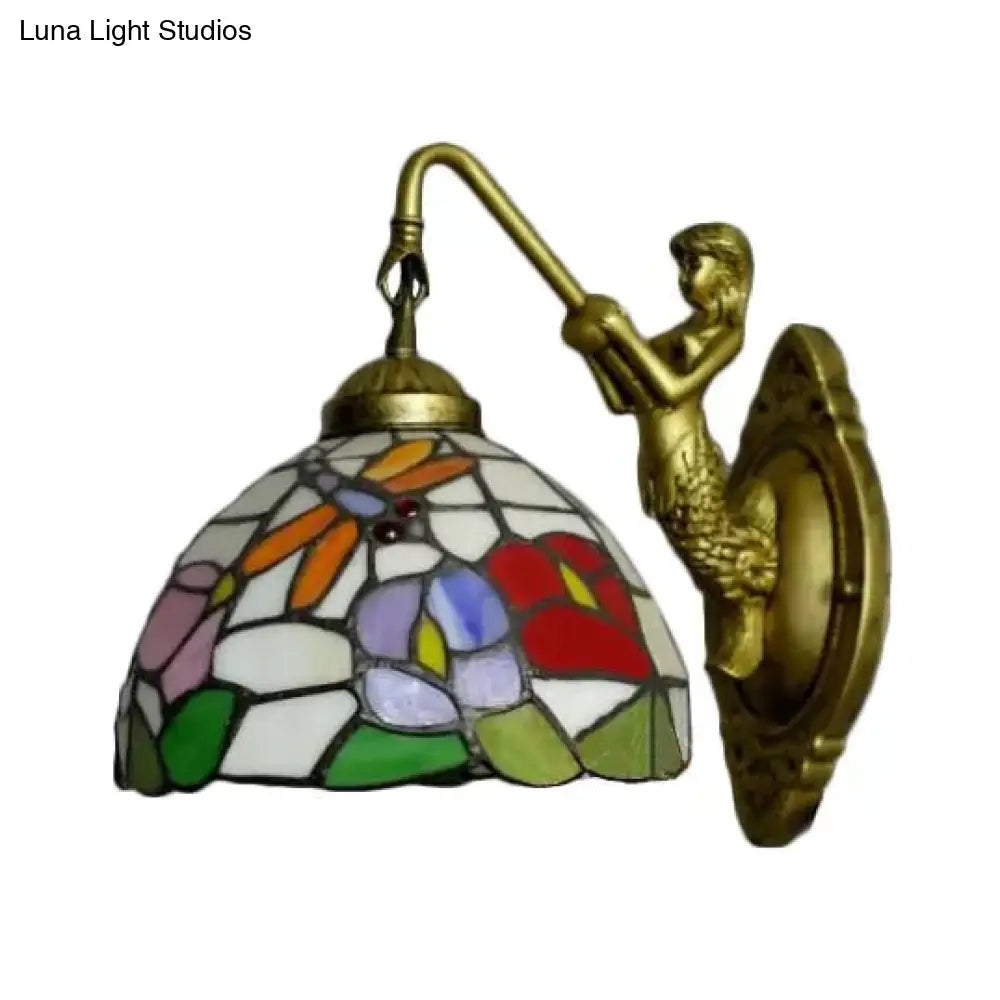 Dome Baroque Stained Glass Wall Light Fixture - Bronze Sconce With Elegant Flower/Dragonfly/Morning