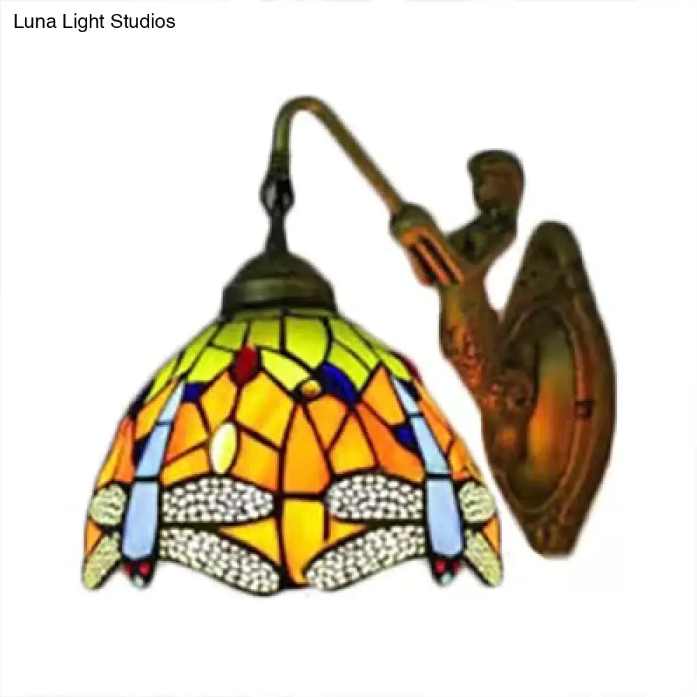 Dome Baroque Stained Glass Wall Light Fixture - Bronze Sconce With Elegant Flower/Dragonfly/Morning