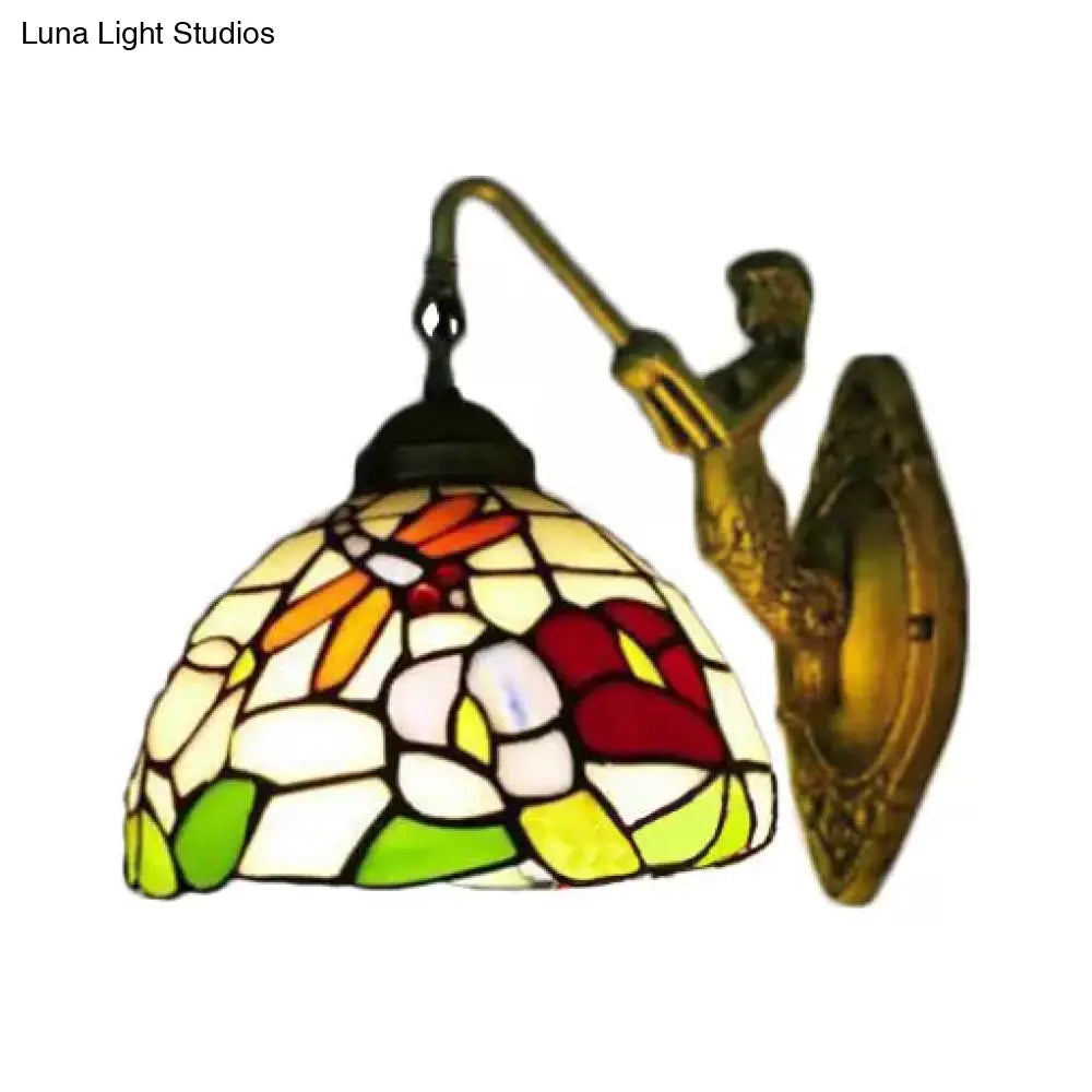 Dome Baroque Stained Glass Wall Light Fixture - Bronze Sconce With Elegant Flower/Dragonfly/Morning