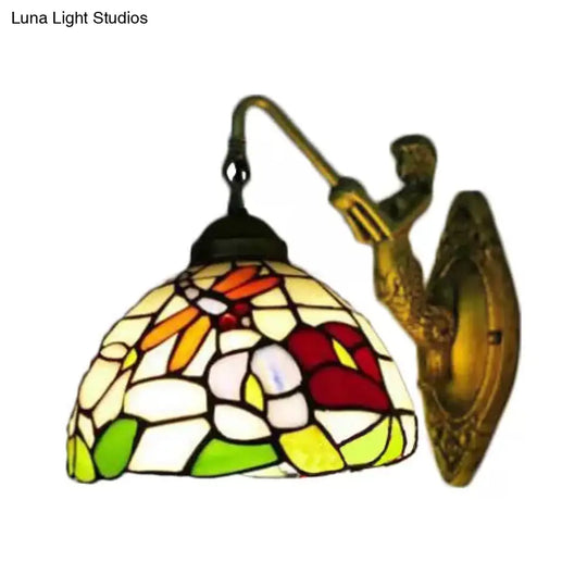 Dome Baroque Stained Glass Wall Light Fixture - Bronze Sconce With Elegant Flower/Dragonfly/Morning