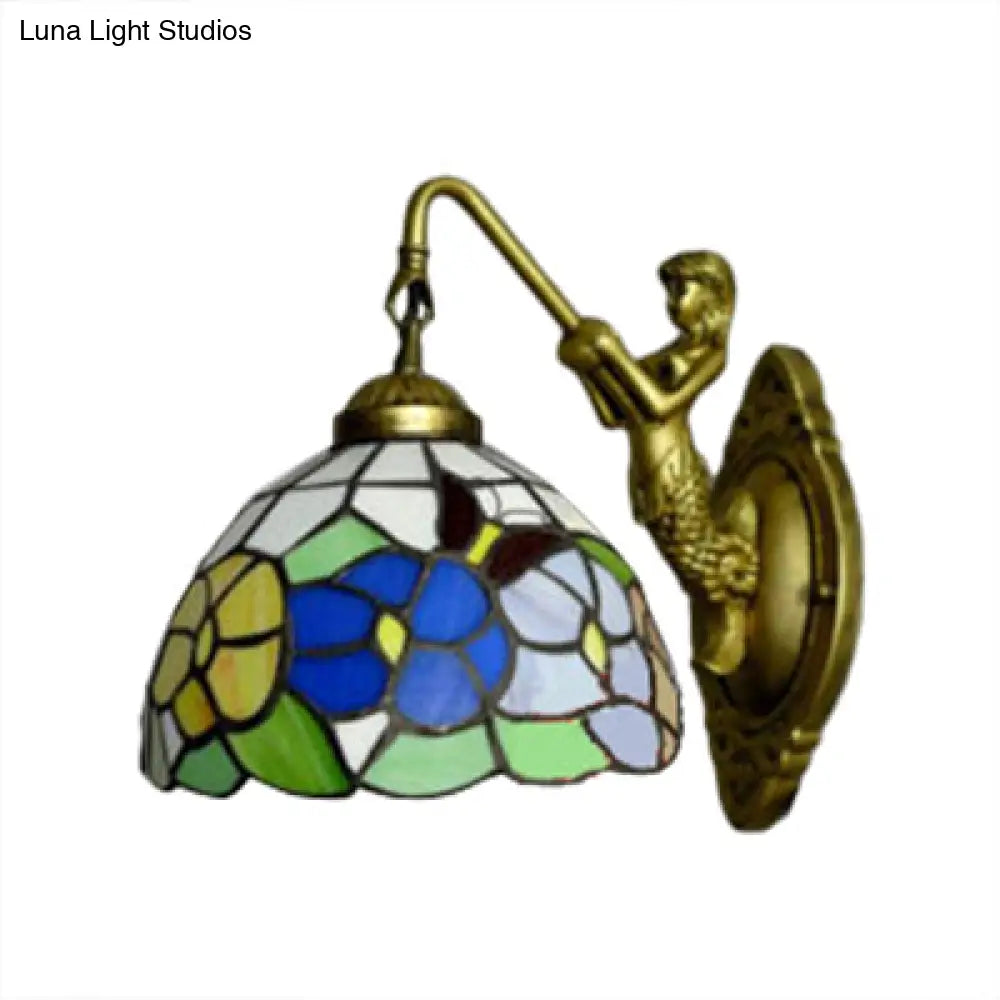 Dome Baroque Stained Glass Wall Light Fixture - Bronze Sconce With Elegant Flower/Dragonfly/Morning