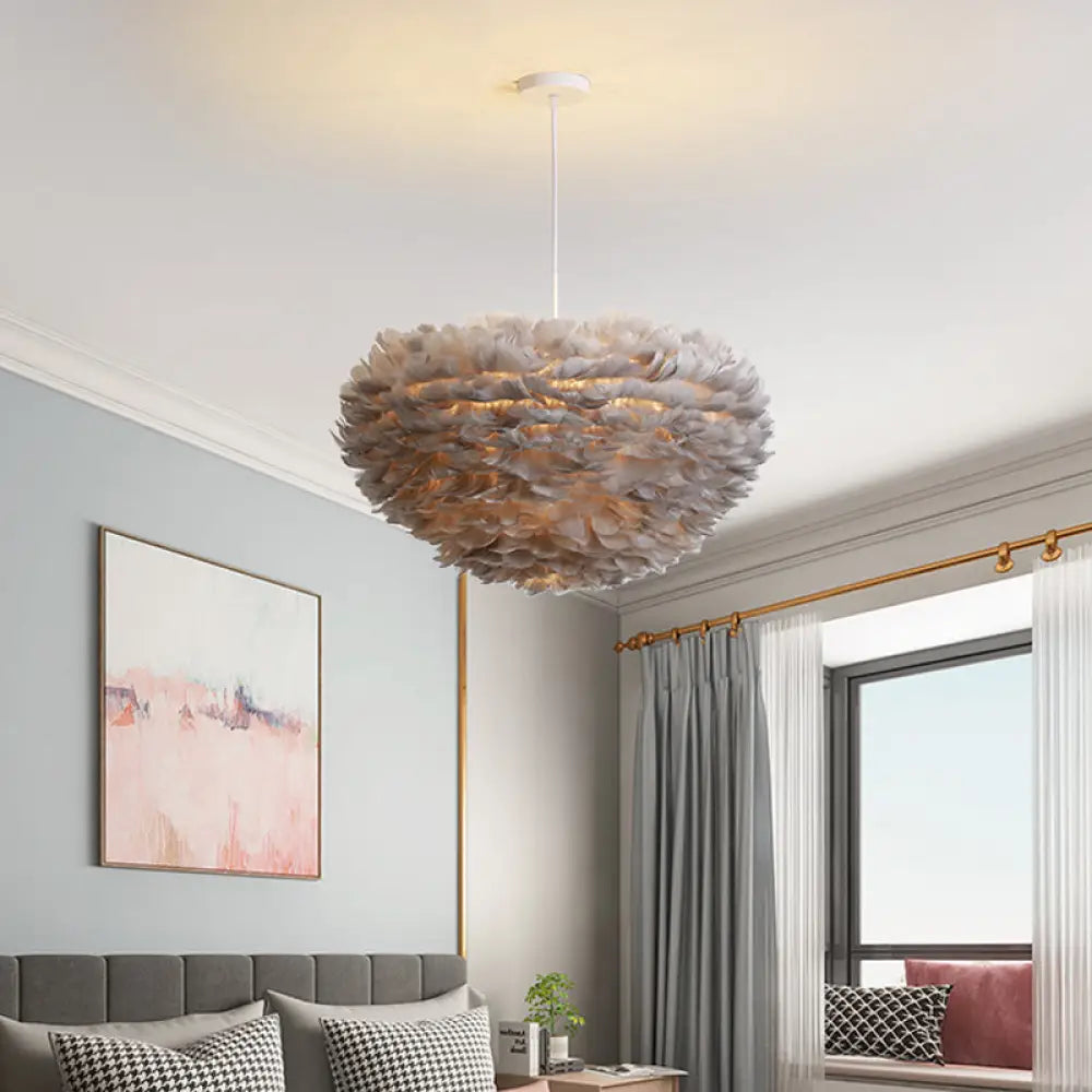 Dome Bedroom Feather Chandelier Pendant - 19.5’/23.5’ Wide Grey/White/Pink Simple Hanging Light