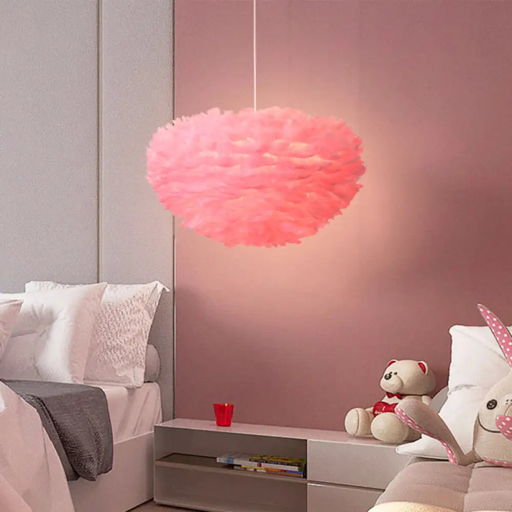 Dome Bedroom Feather Chandelier Pendant - 19.5’/23.5’ Wide Grey/White/Pink Simple Hanging Light