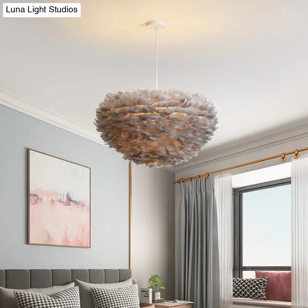 Sleek Feather Chandelier Pendant For Bedroom - 19.5/23.5 Wide 5 Bulbs Simple Hanging Light In